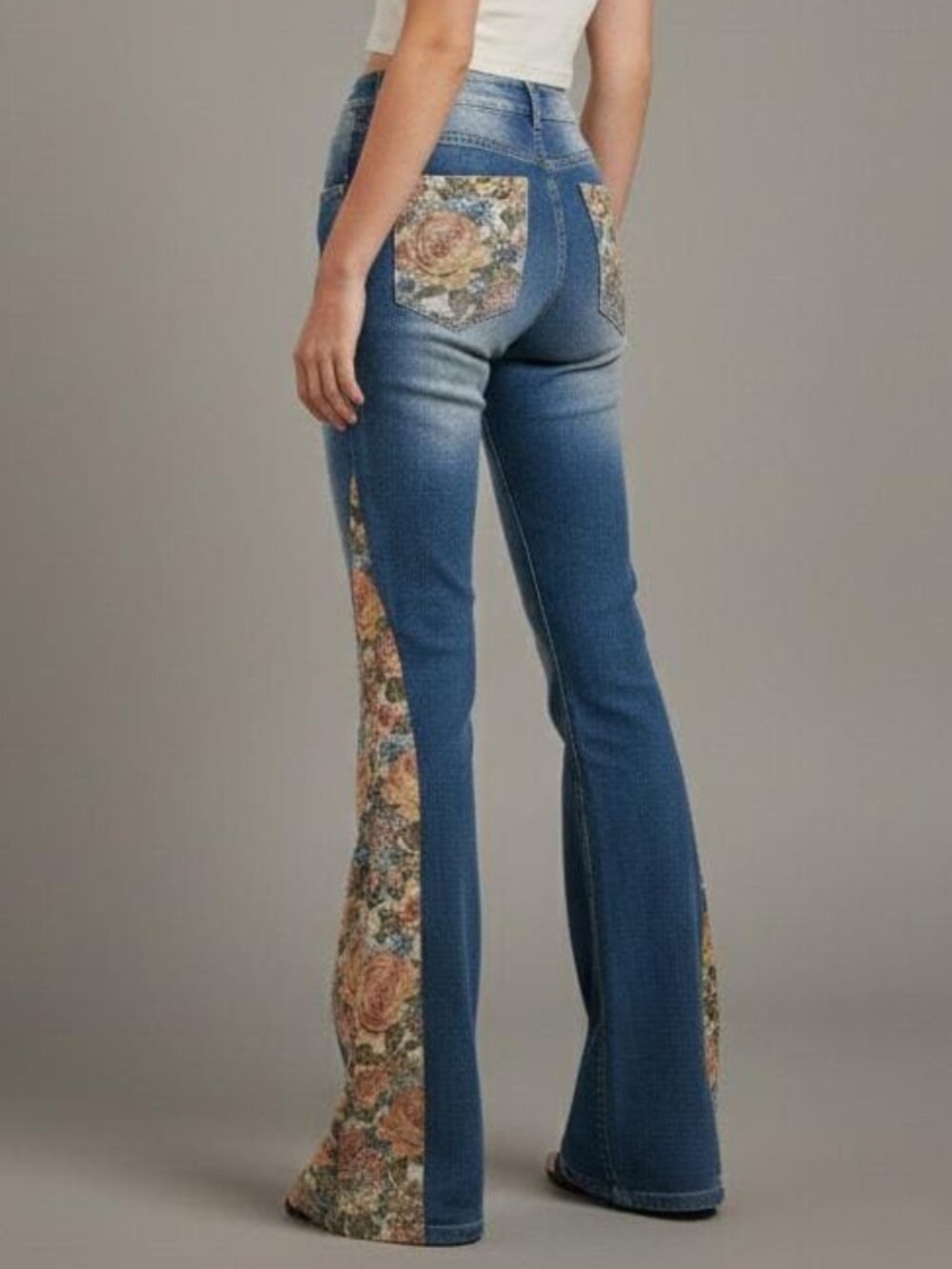 Silk & Lace Floral Tapestry Flare Jeans Cotton Denim Tall Inseam 34" - Picture 6 of 17